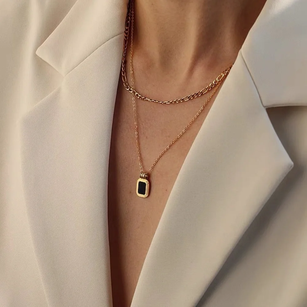 Mother of pearl pendant necklace, double layered necklace, figaro chain necklace